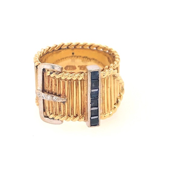 Vintage💙18KT Gold💙 Diamond and Sapphire Mini Belt Buckle Ring - Picture 4 of 15